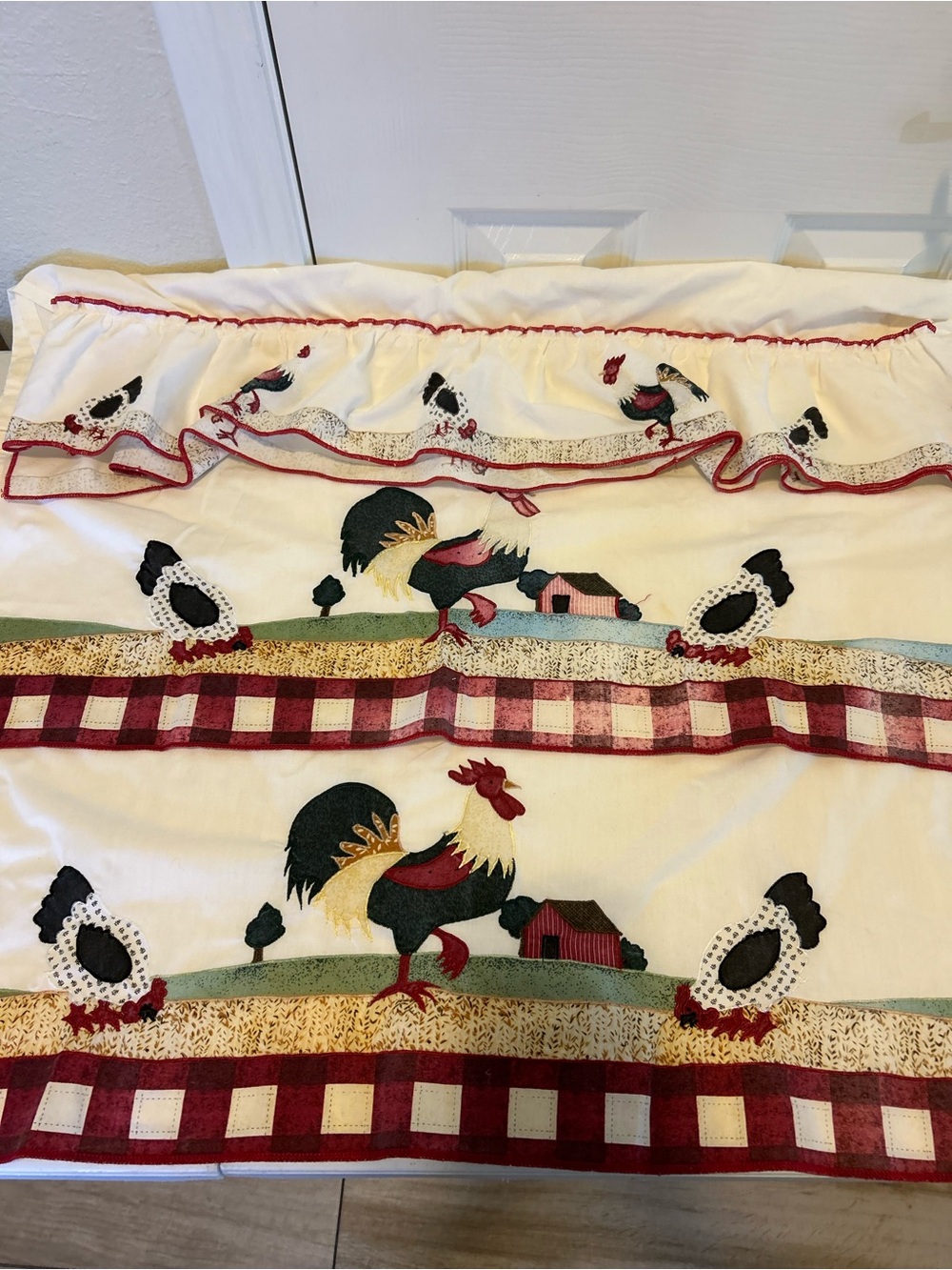 Rooster Cottage Ruffled Valance - Cream and Red and 2 window Panels